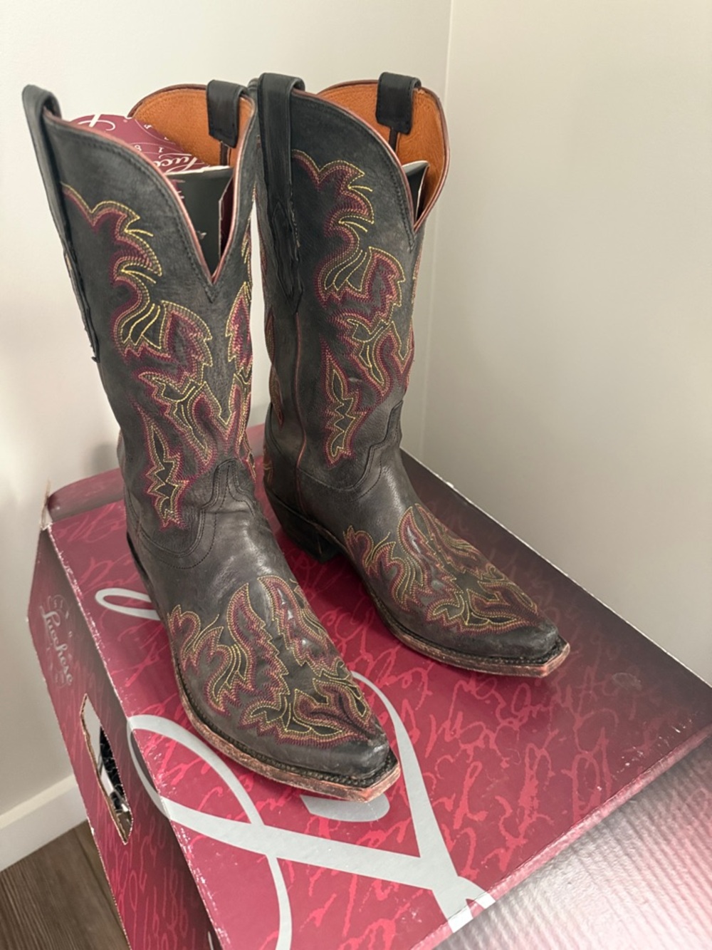 Lucchese Black Western Boots with Purple and Gold Stitching